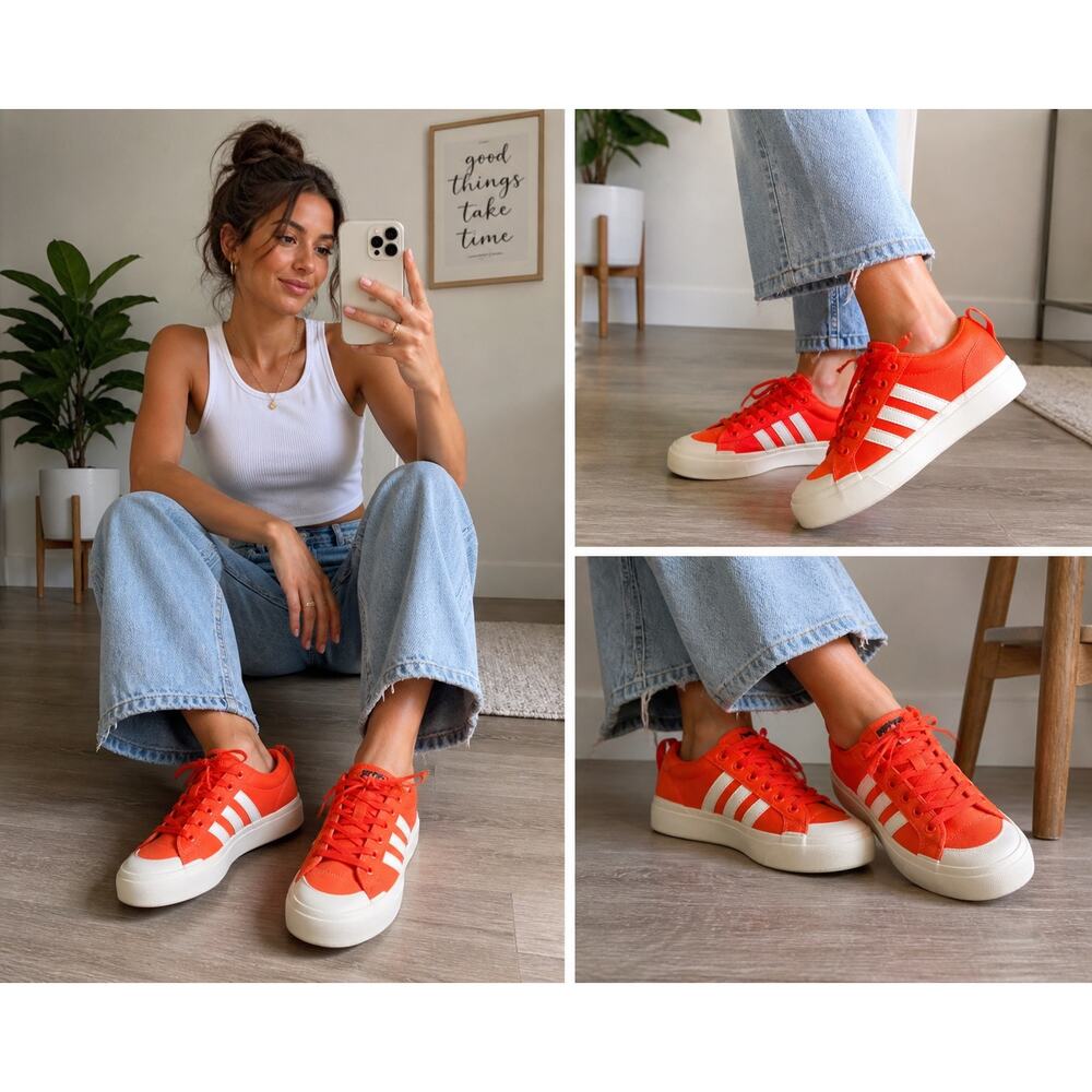 Adidas Neon Orange Canvas Sneakers Womens 7.5 White Stripe Lace Up Casual Shoes